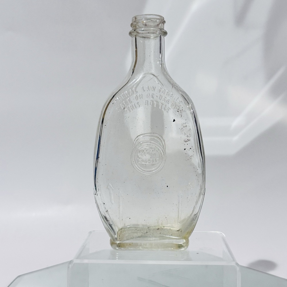 Vintage Glass Flask Clear w Raised Lettering Whiskey Liquor‎ Spot Bottle Barware